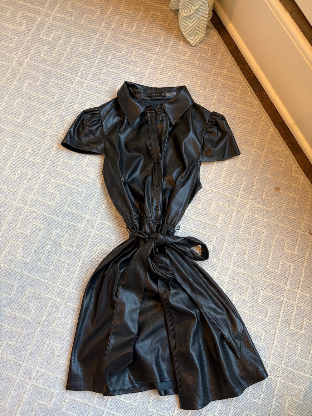 Alice + Olivia Black Faux Leather Tie-Waist Mini Shirt Dress